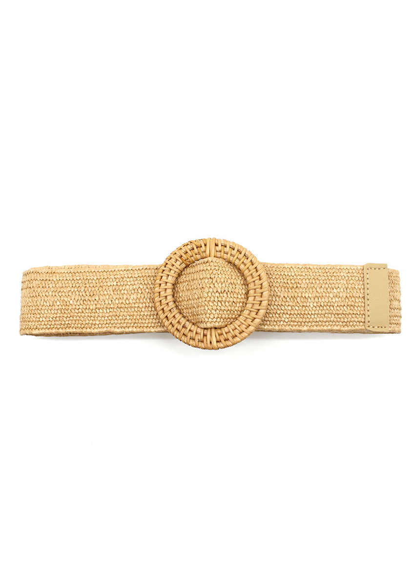 A beige raffia belt with a rounded buckle, displayed against a white background.