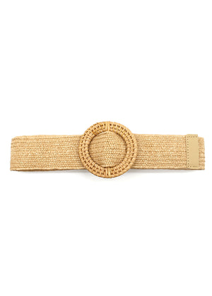 A beige raffia belt with a rounded buckle, displayed against a white background.