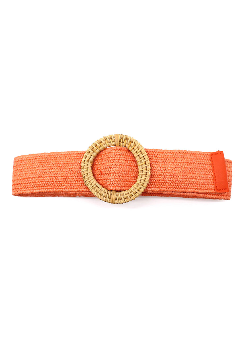 A orange raffia belt with a rounded buckle, displayed against a white background.