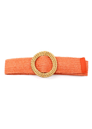 A orange raffia belt with a rounded buckle, displayed against a white background.