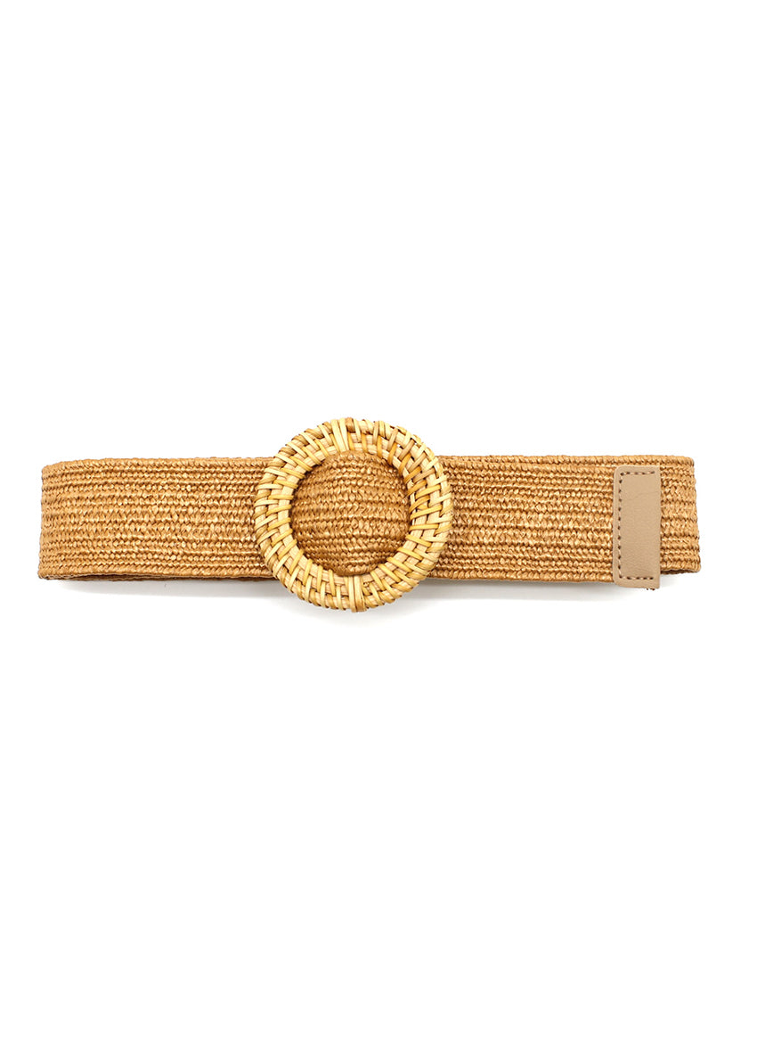 A tan raffia belt with a rounded buckle, displayed against a white background.