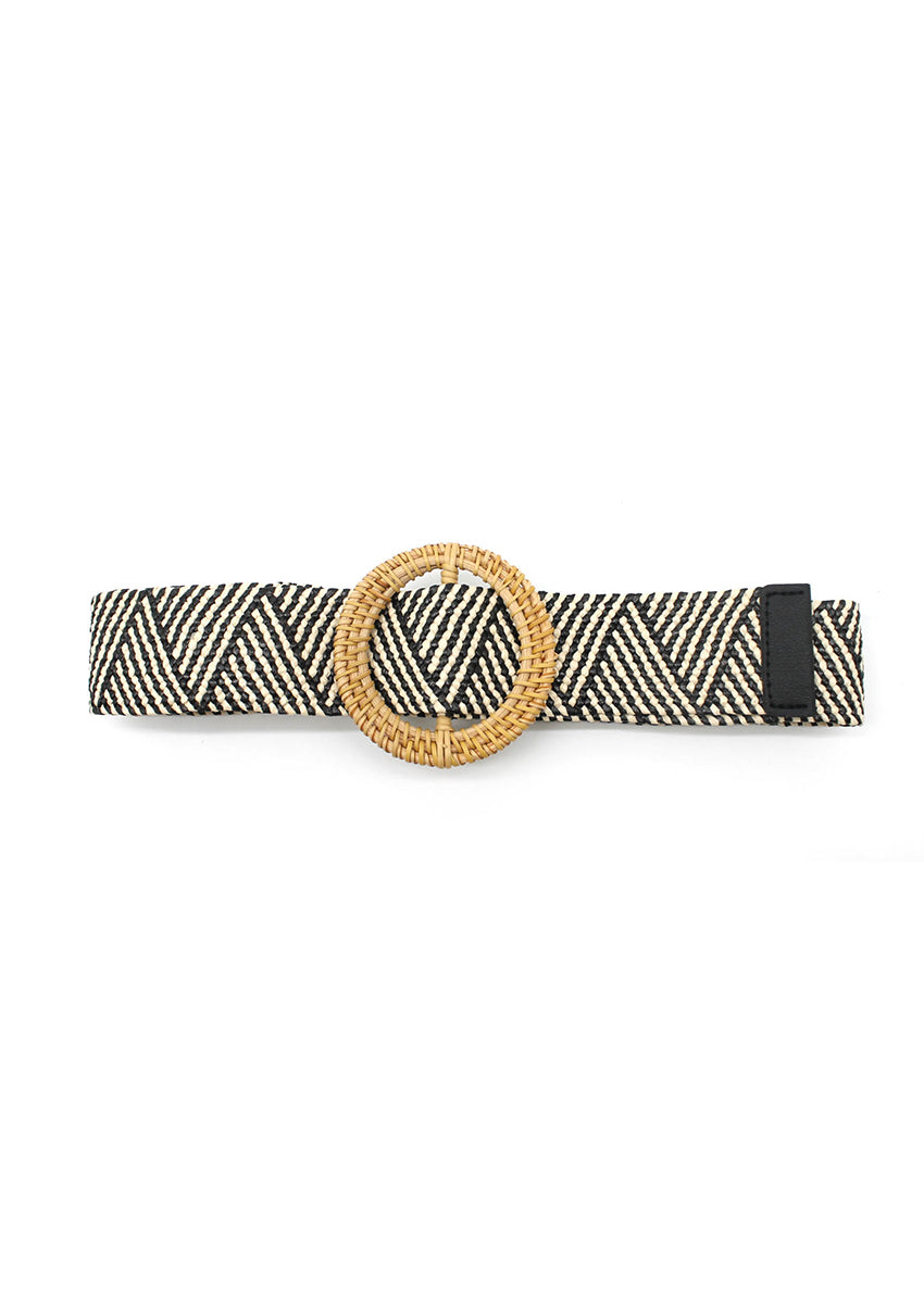 A white black raffia belt with a rounded buckle, displayed against a white background.