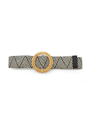 A white black raffia belt with a rounded buckle, displayed against a white background.