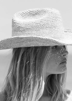 Person wearing a wide-brimmed straw hat with a blurred background