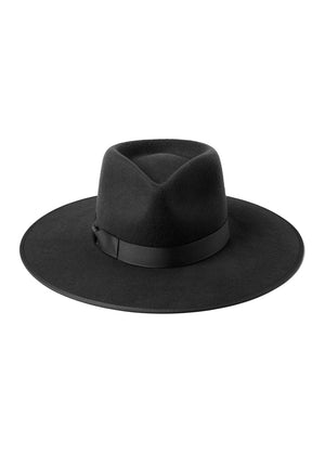 Black fedora hat with a wide brim on a white background