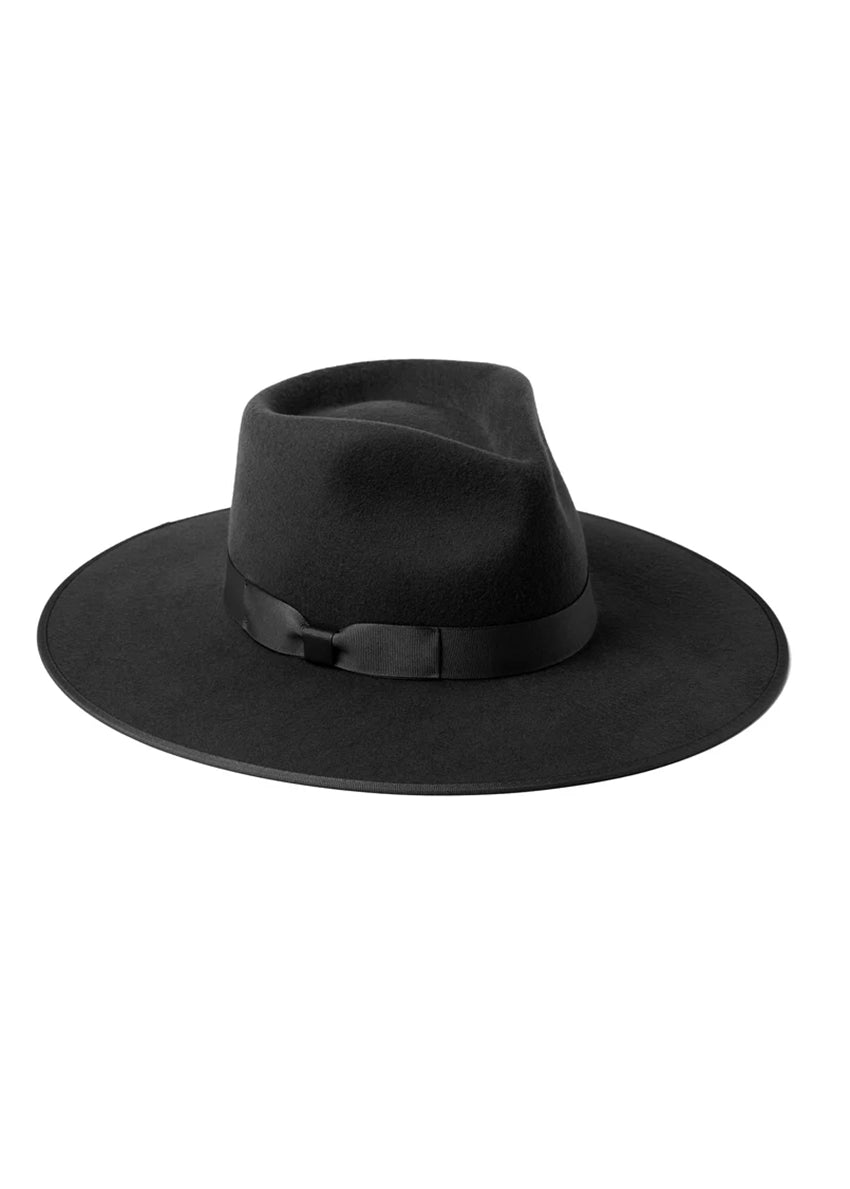 Black fedora hat with a wide brim on a white background
