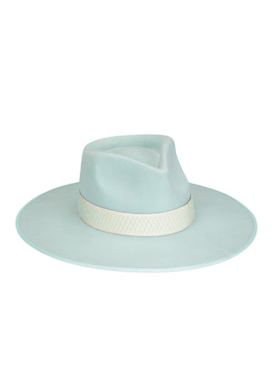 Light blue fedora hat with a white band on a white background