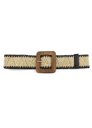 Woven belt with a wooden buckle on a white background