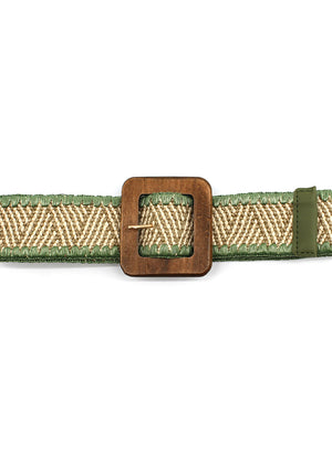 Green belt with a wooden buckle on a white background