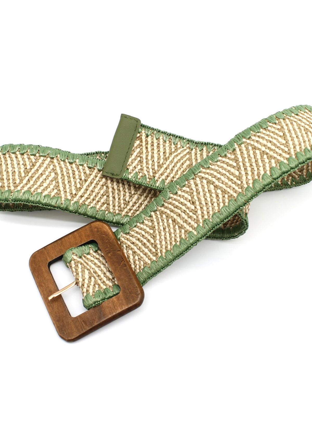 Green and beige woven belt with a wooden buckle on a white background