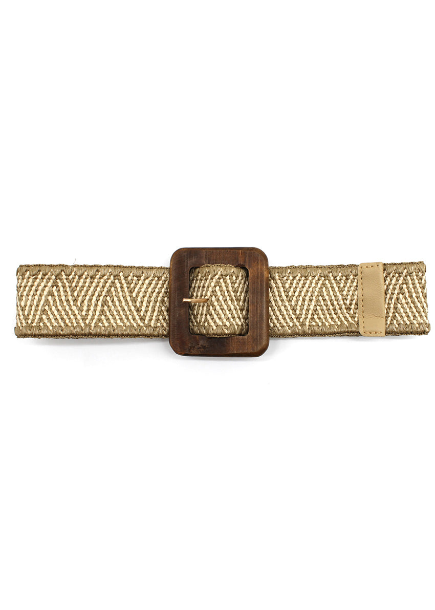 Woven belt with a wooden buckle on a white background