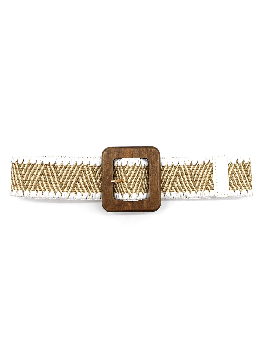 Woven belt with a wooden buckle on a white background