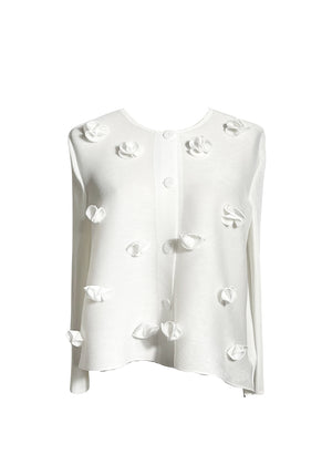 The Rose Blazer is a timeless and sophisticated piece, featuring delicate pleats and hand-embroidered roses on the front. Its button closure, long sleeves, and round neckline add to its refined elegance. 