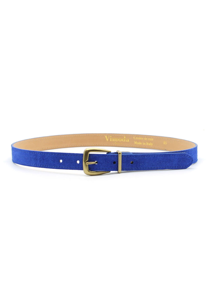 Blue belt with gold buckle on a white background