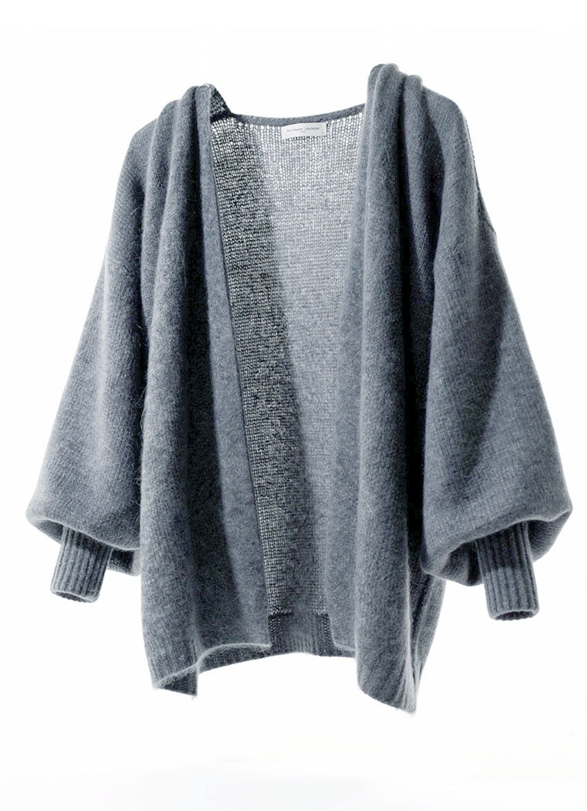 Gray knit cardigan on a white background