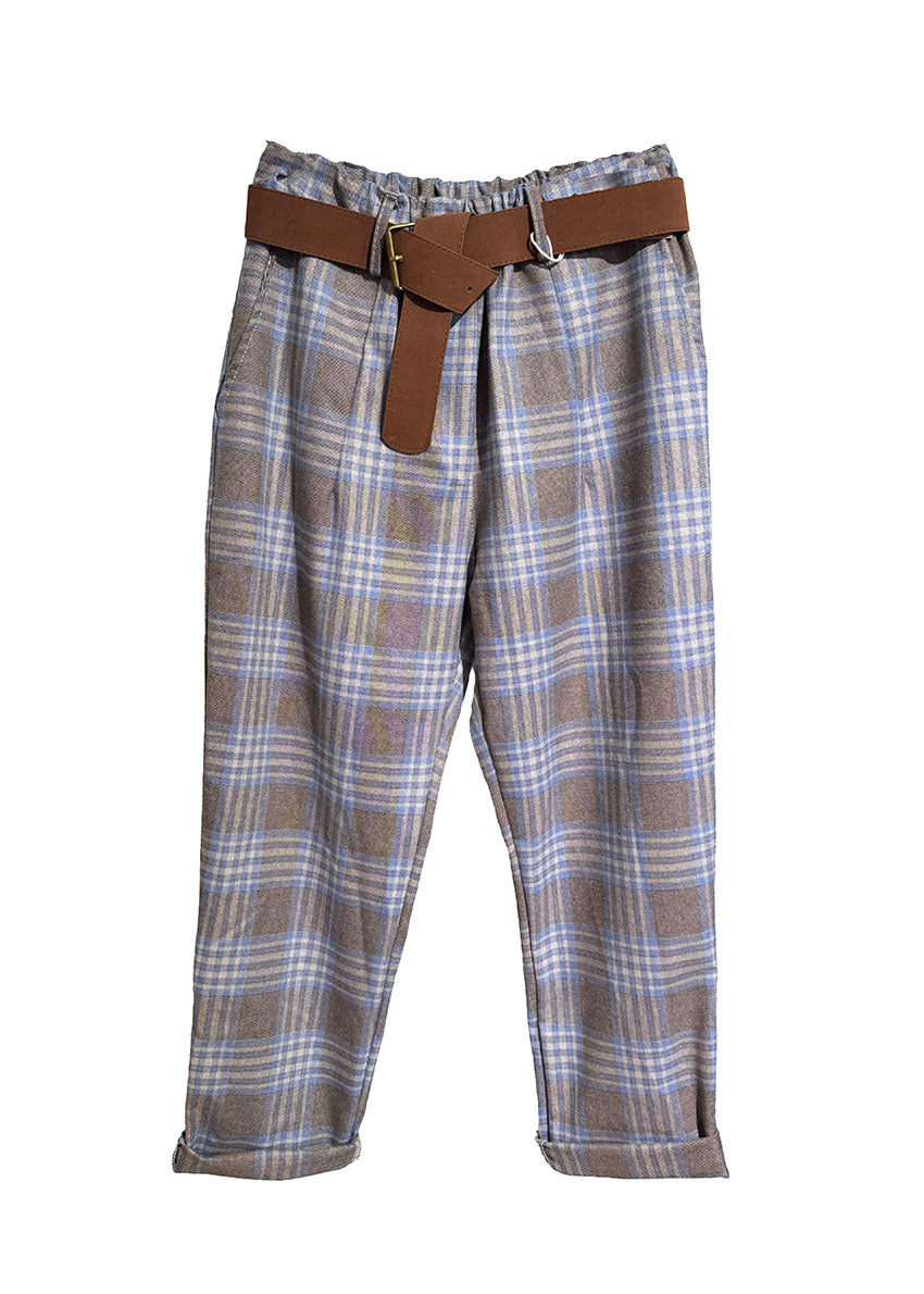 Plaid pants with a brown belt on a white background