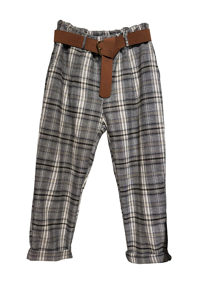 Plaid pants with a brown belt on a white background
