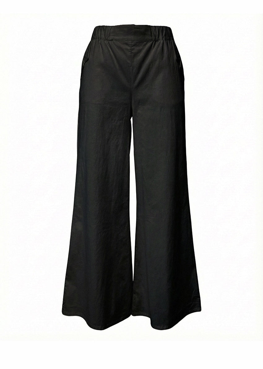 Black pants designed with a comfortable high-rise elastic waistband and a wide-leg fit.