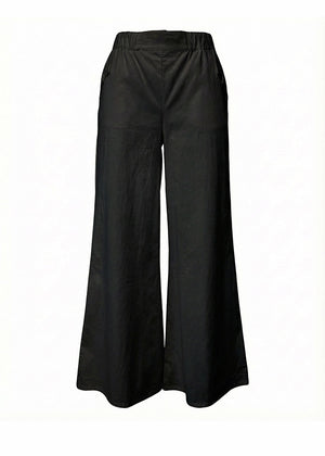 Black pants designed with a comfortable high-rise elastic waistband and a wide-leg fit.