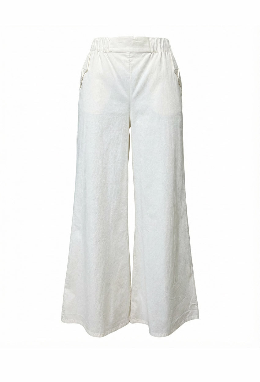 White pants designed with a comfortable high-rise elastic waistband and a wide-leg fit.