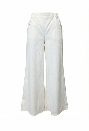 White pants designed with a comfortable high-rise elastic waistband and a wide-leg fit.