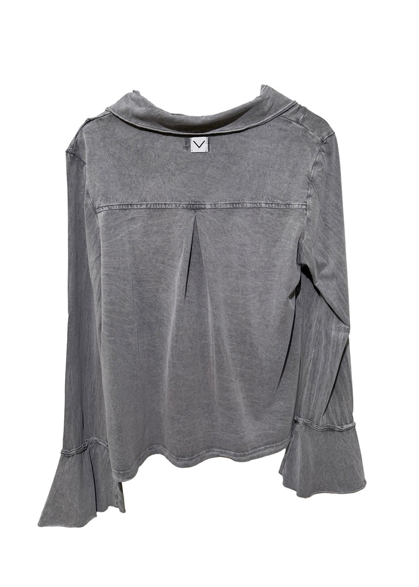 Gray long-sleeve top with bell sleeves on a white background