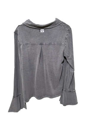 Gray long-sleeve top with bell sleeves on a white background