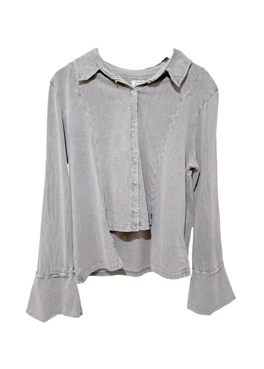 Gray button-up shirt with a collar on a white background