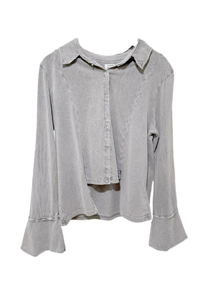 Gray button-up shirt with a collar on a white background
