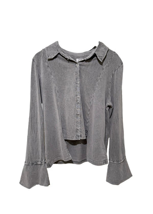 Gray button-up shirt with ruffled sleeves on a white background