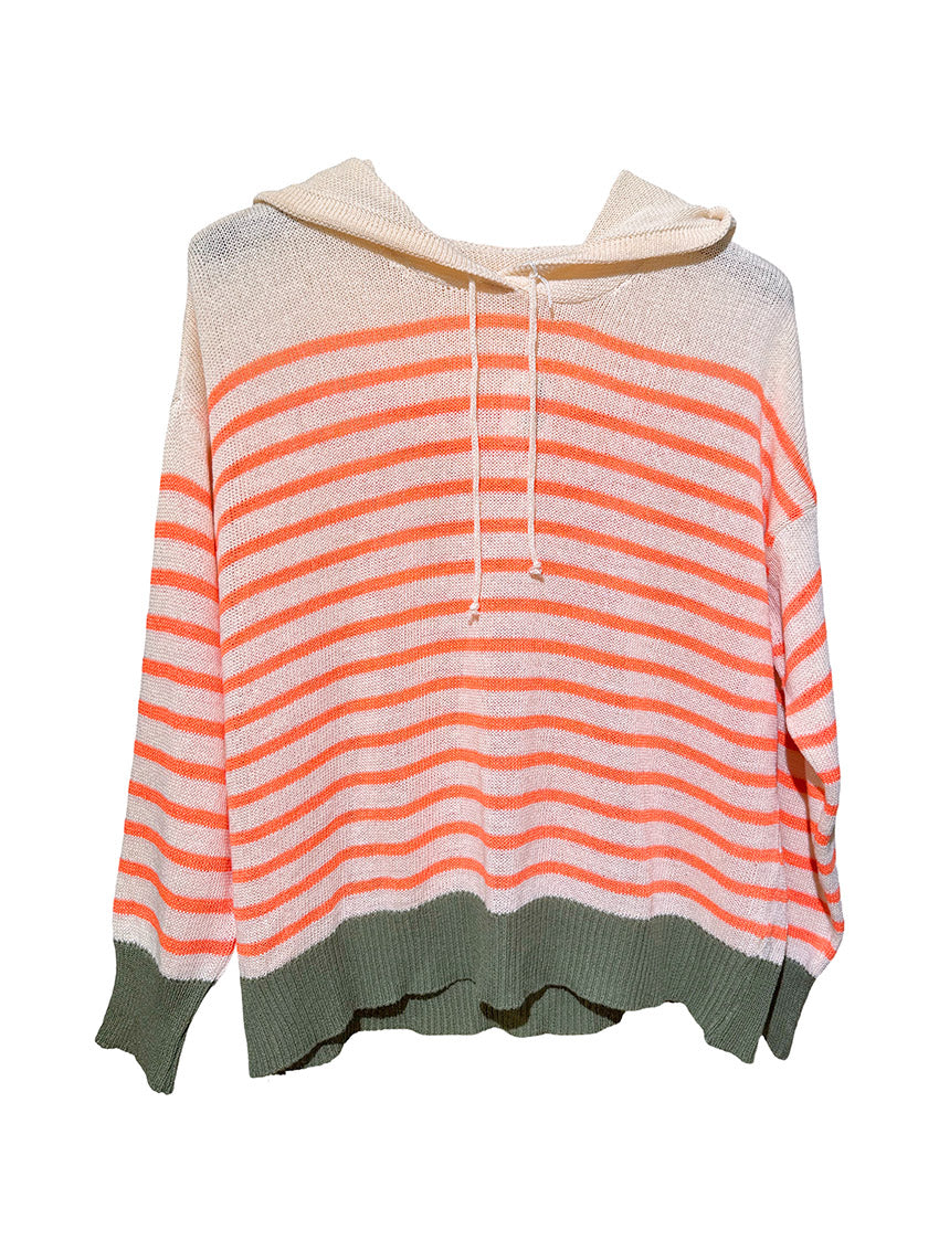 Person wearing a striped hoodie with orange and beige colors on a plain background