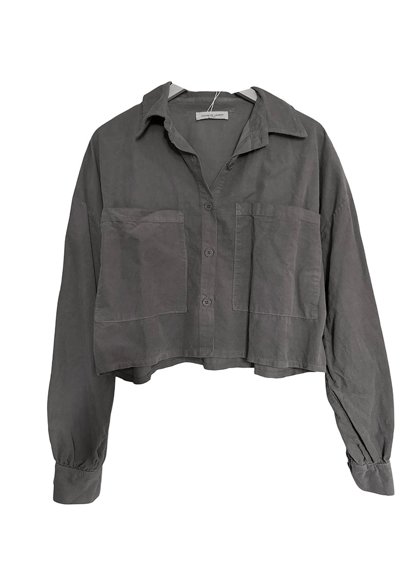 Grey jacket with rolled-up sleeves on a white background