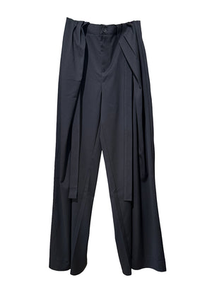 Black pants with a tie detail on a white background