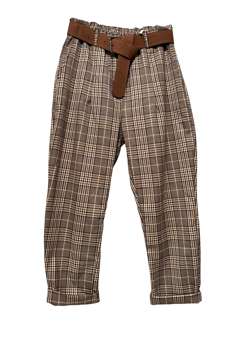 Plaid pants with a brown belt on a white background