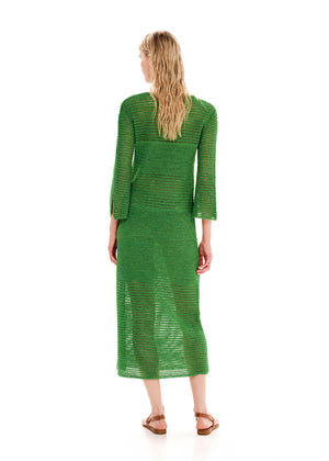 Maxi green dress with a loose knitting in a straight fit.It has long bell sleeves and a slit on the side.Creates an airy silhouette for your carefree summer strolls.