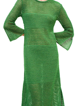 Maxi green dress with a loose knitting in a straight fit.It has long bell sleeves and a slit on the side.Creates an airy silhouette for your carefree summer strolls.