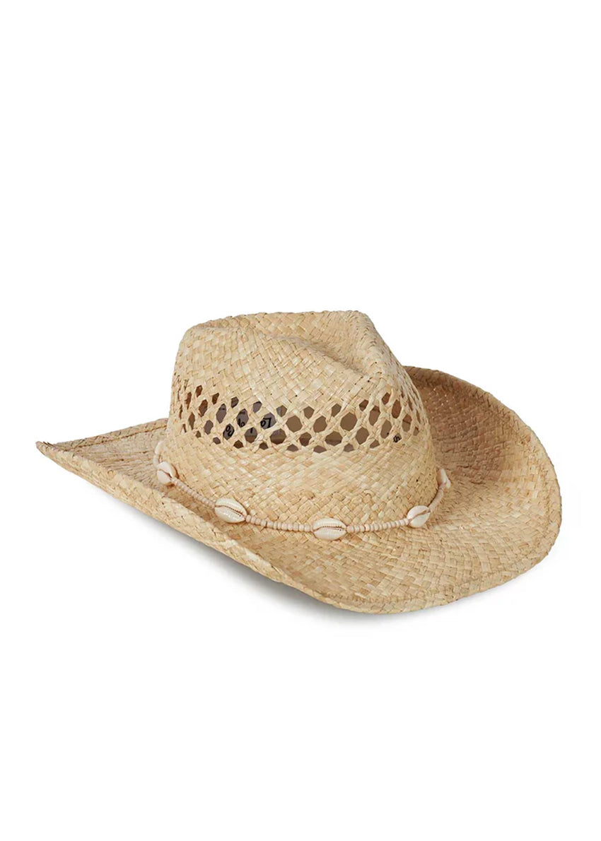 Straw cowboy hat with decorative band on a white background