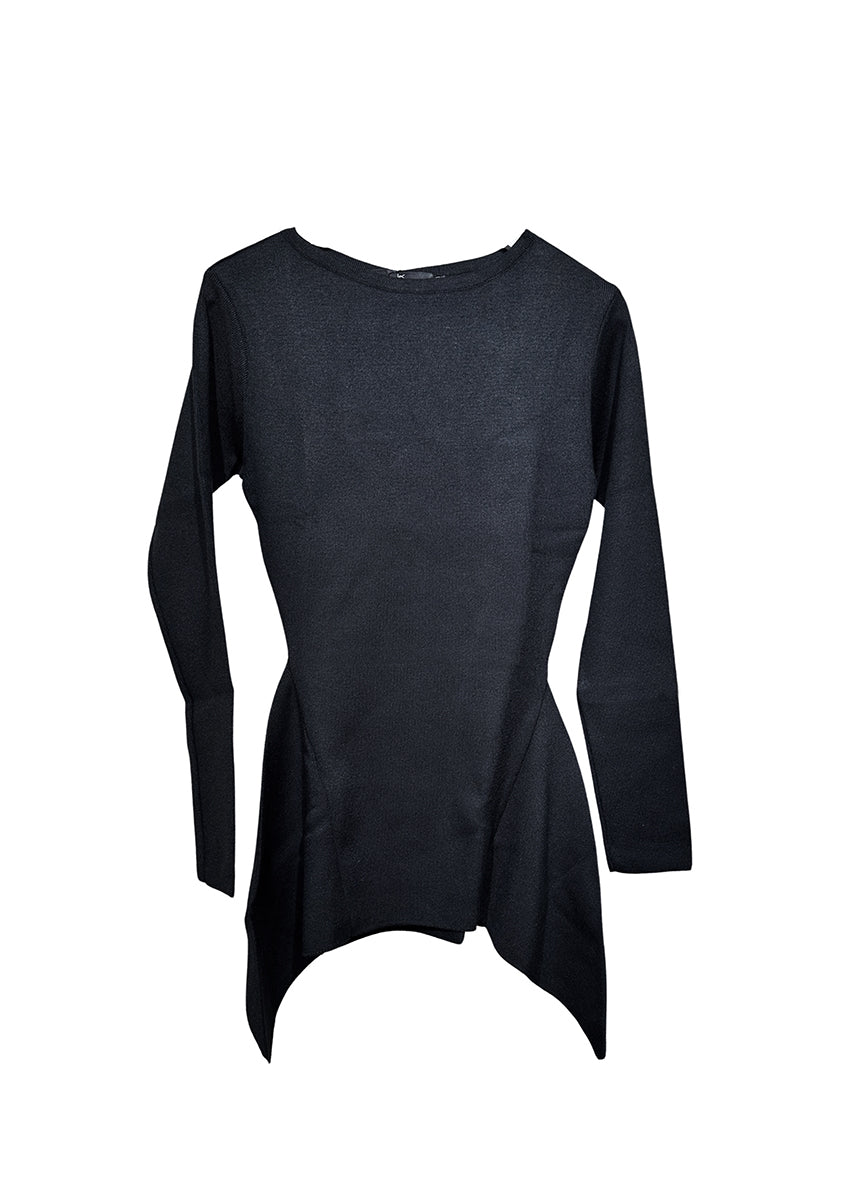 Unique asymmetrical modal blend top—soft, stretchy, with boat neckline and long sleeves. Perfect for chic, feminine winter outfits.