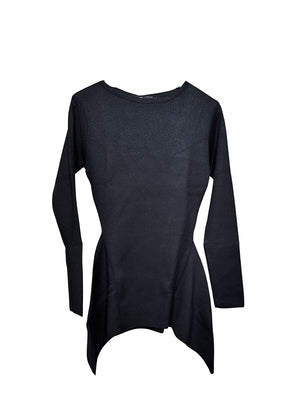 Unique asymmetrical modal blend top—soft, stretchy, with boat neckline and long sleeves. Perfect for chic, feminine winter outfits.