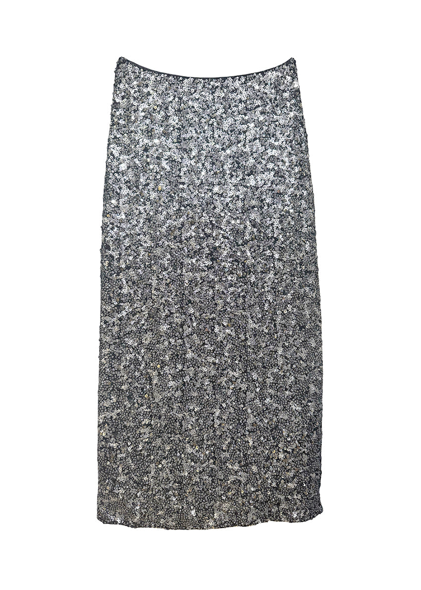 Densely packed silver sequins patterned skirt on a white background