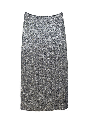 Densely packed silver sequins patterned skirt on a white background