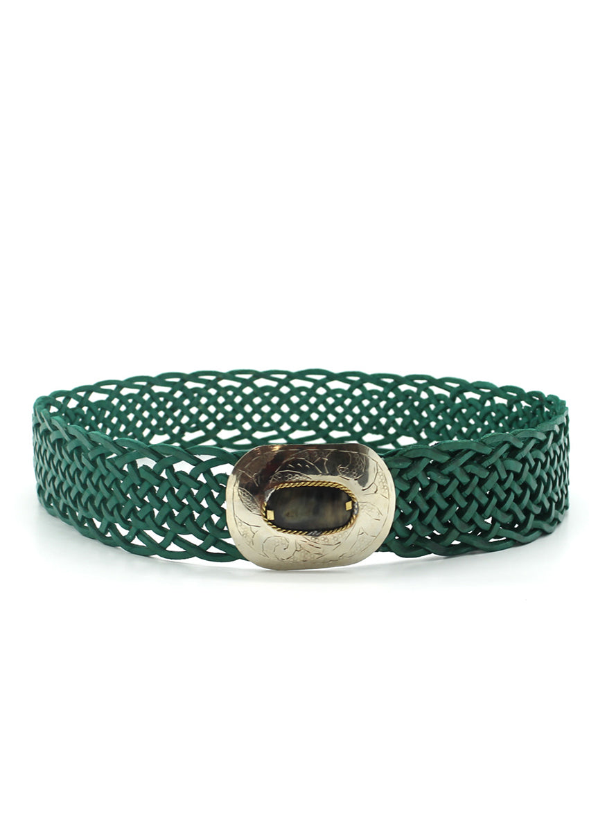 A green braided belt with an engraved gold buckle.