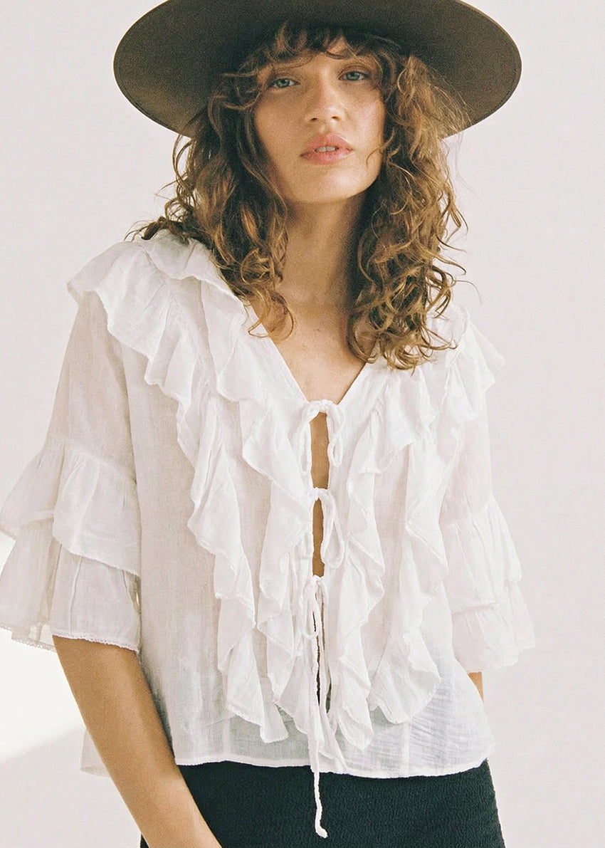 Woman wearing a white blouse with ruffles and a brown hat on a plain background