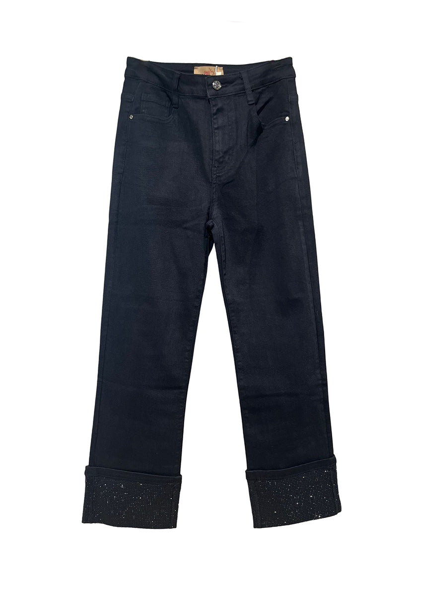 Black pants with rolled-up cuffs on a white background