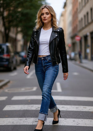 Woman in a black leather jacket, white top, and blue jeans standing on a city street.