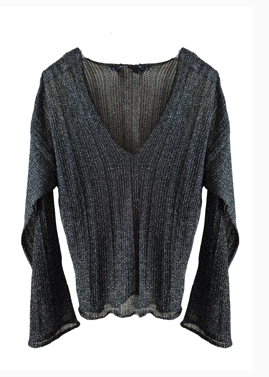 A shimmering black sweater with a V-neck and long sleeves, displayed against a white background.