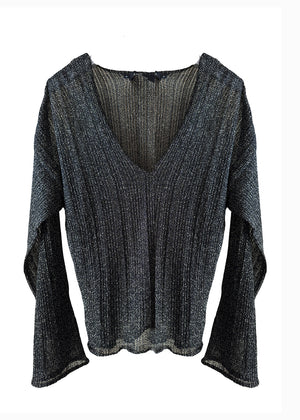 A shimmering black sweater with a V-neck and long sleeves, displayed against a white background.
