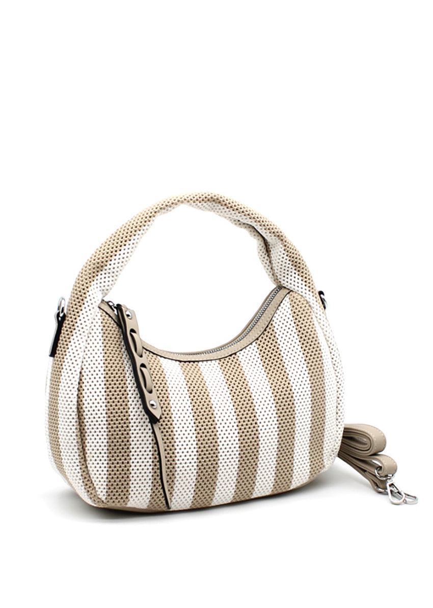 A handbag with a bold beige and white striped design, featuring a crescent shape and a detachable strap.