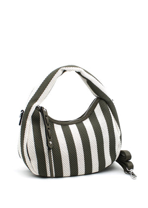 A handbag with a bold khaki and white striped design, featuring a crescent shape and a detachable strap.