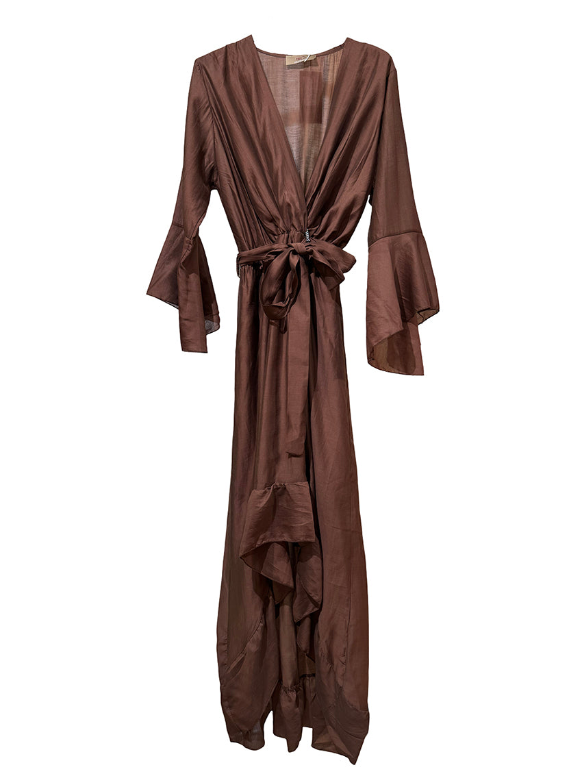 Brown dress with bell sleeves on a white background